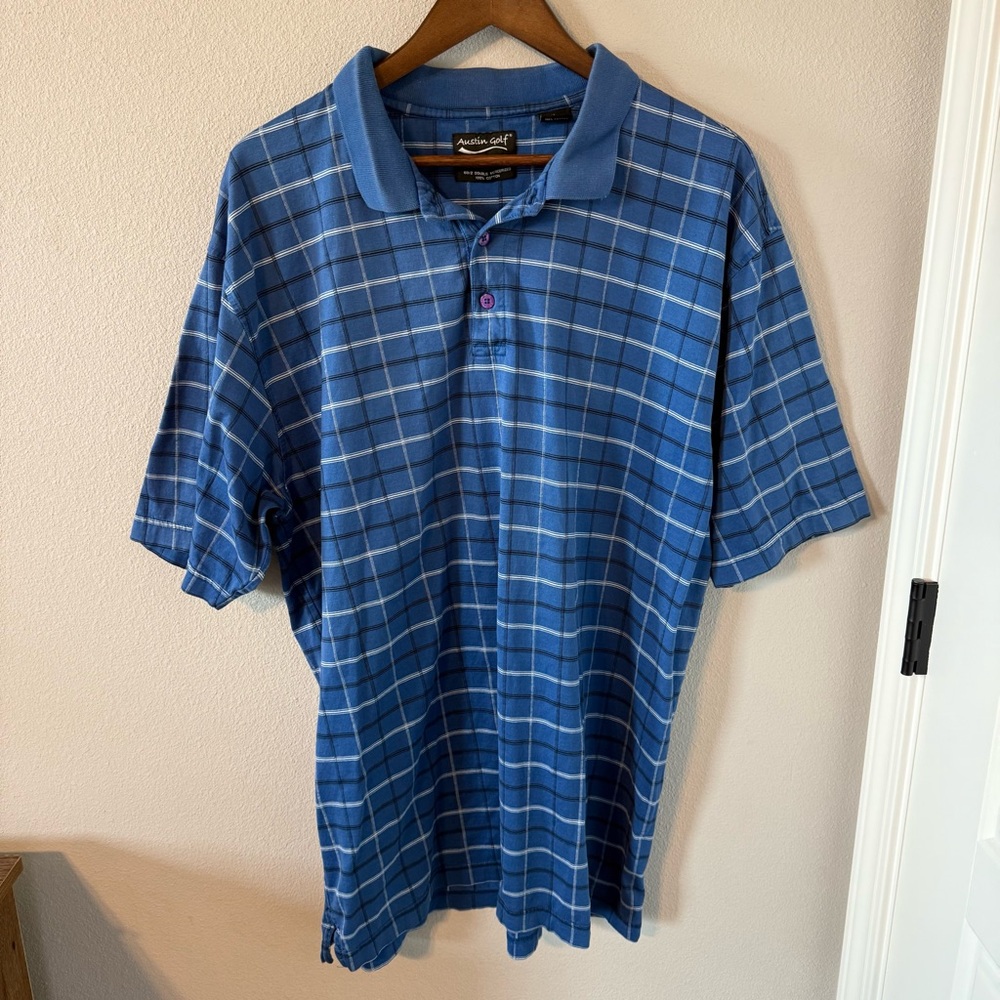 Austin Golf Men’s Size XL Blue Plaid Polo Shirt Golf Short Sleeve 100% Cotton